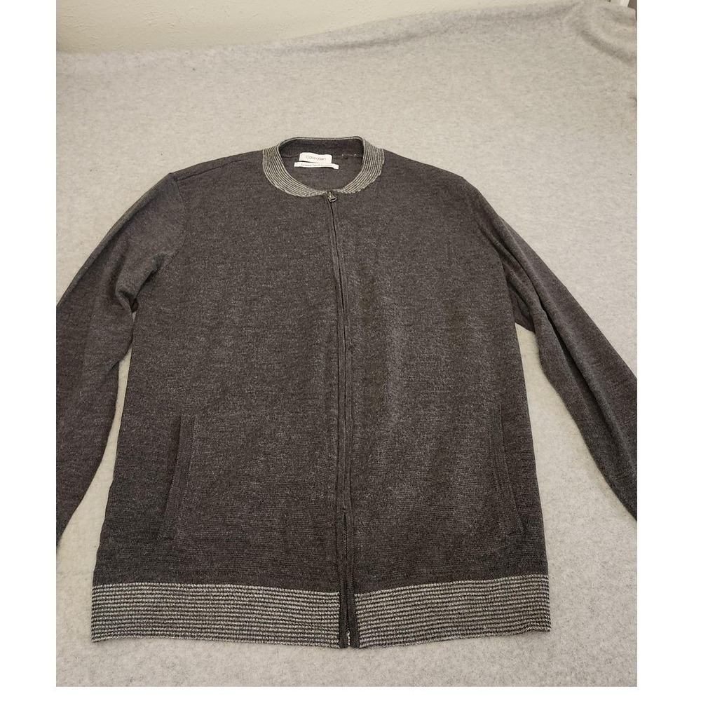 Calvin‎ Klein Sweater Mens Medium Gray Merino Wool Blend Zip Cardigan HOLE